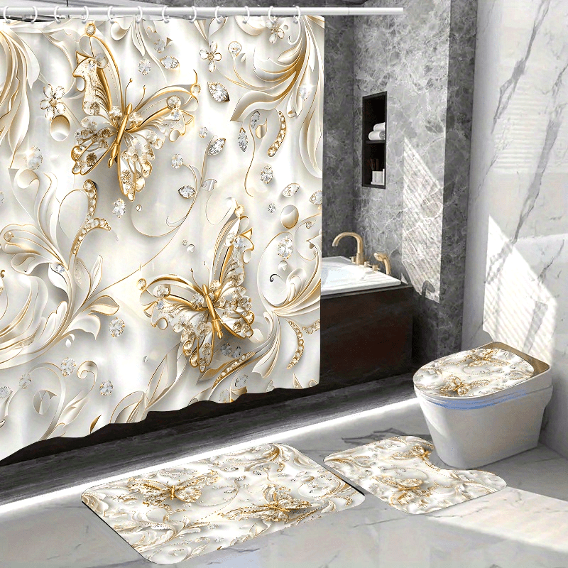 4pcs Elegant Butterfly Shower  - Bamboo Bath Mat 评论和价格